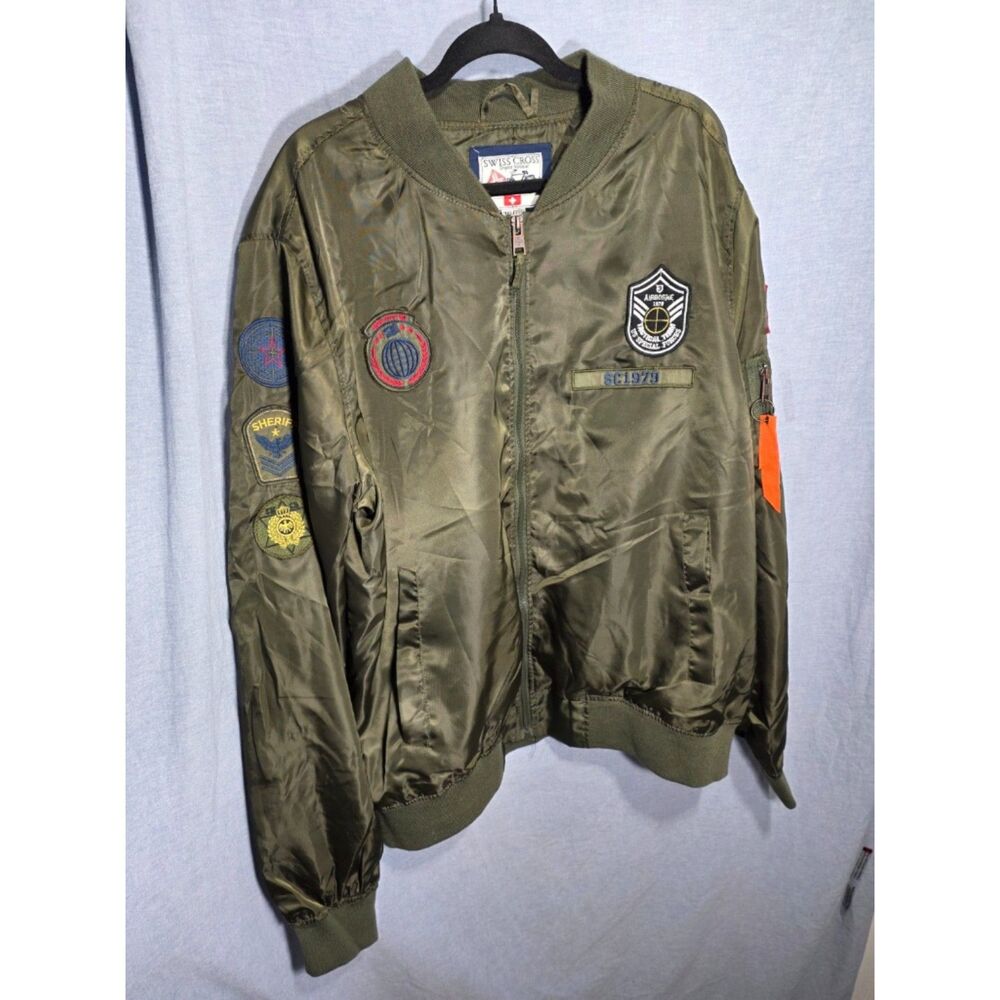 Swiss Cross Mens Olive Green Military Patch Flight Bomber Jacket 3XL